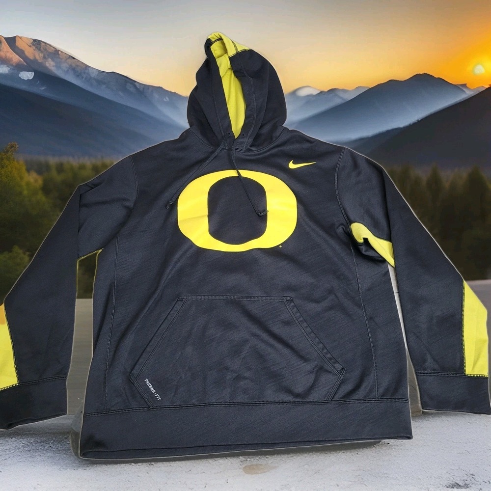 🦆NIKE Oregon Ducks Therma‑Fit Hoodie L Black/Yellow Go Duck NCAA Team Gear